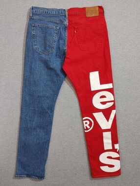 Levi's 541 Jeans Blue Red White Colorblock Spell Out Logo Men's 36x34 Stretch